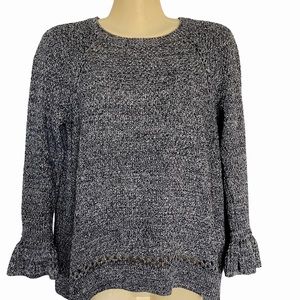 LOFT Cable Knit Pullover Sweater Ruffle Sleeve Classic Blue Variegated Small